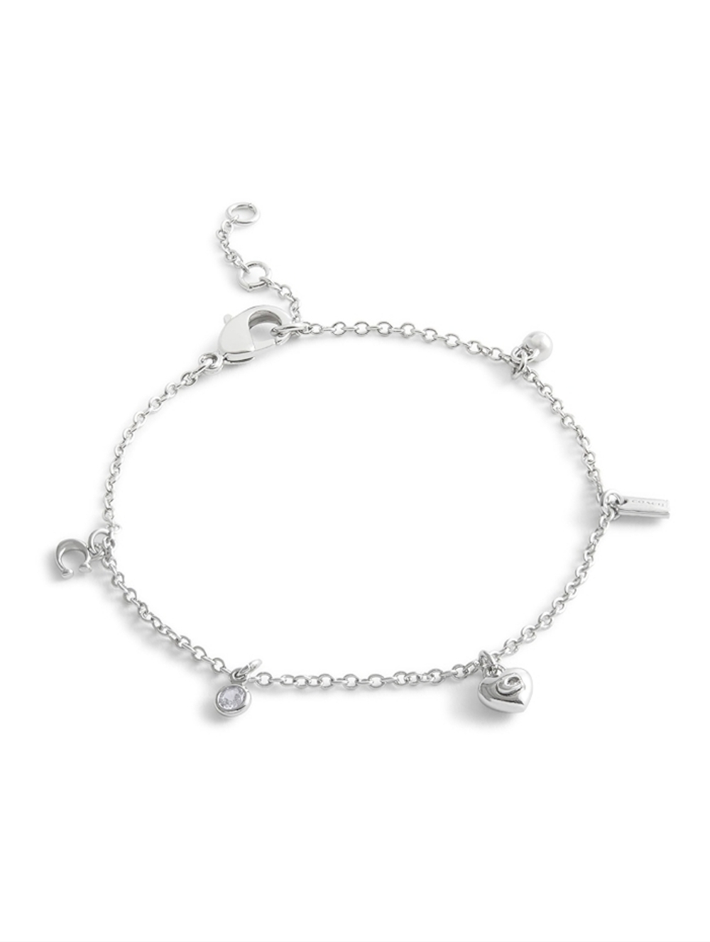 NWT- Coach Silver Plated Heart Charm Bracelet with Crystal Accent